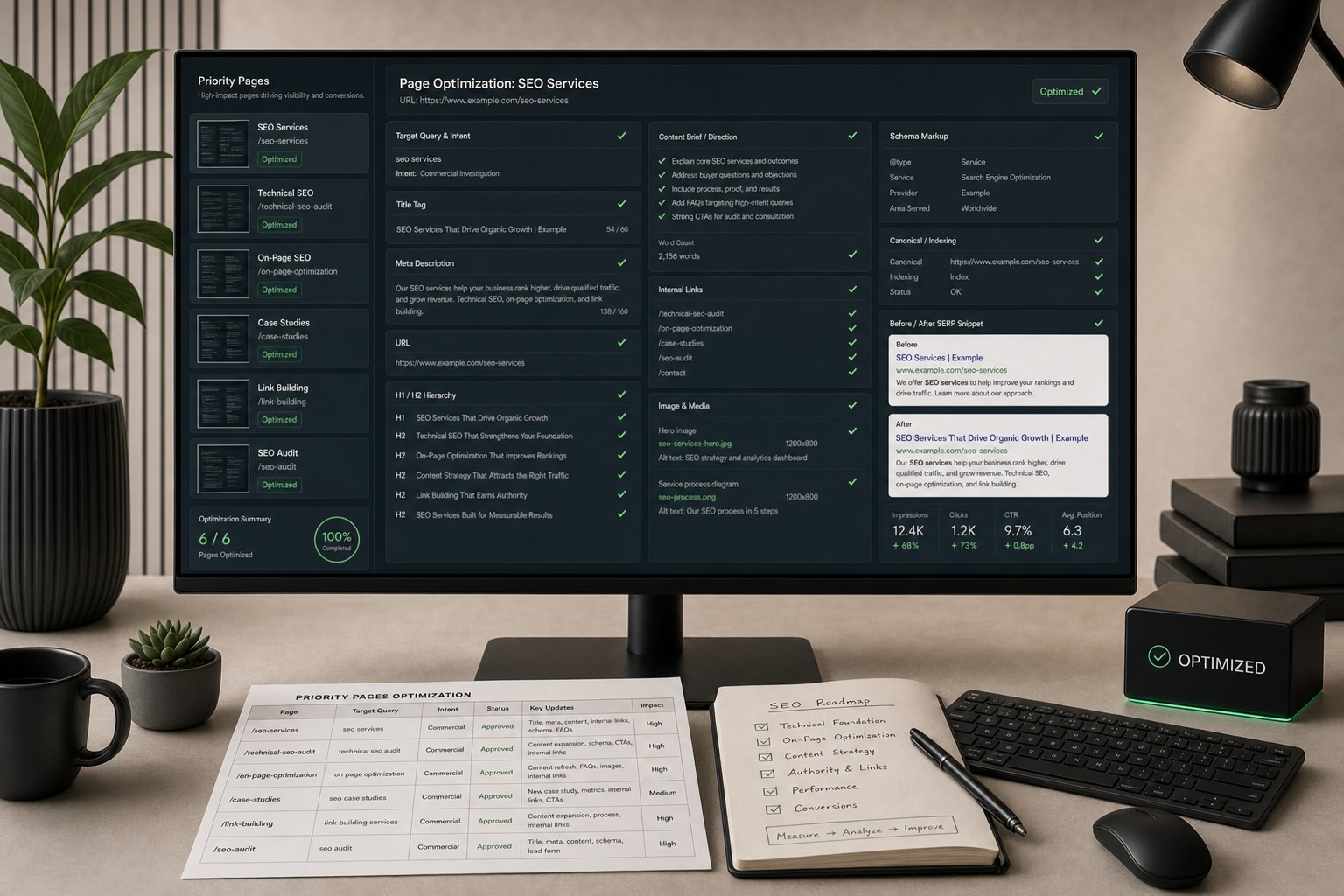 Optimized priority pages with target intent, title and description, URL, headings, content direction, internal links, media, schema, canonical, and SERP previews