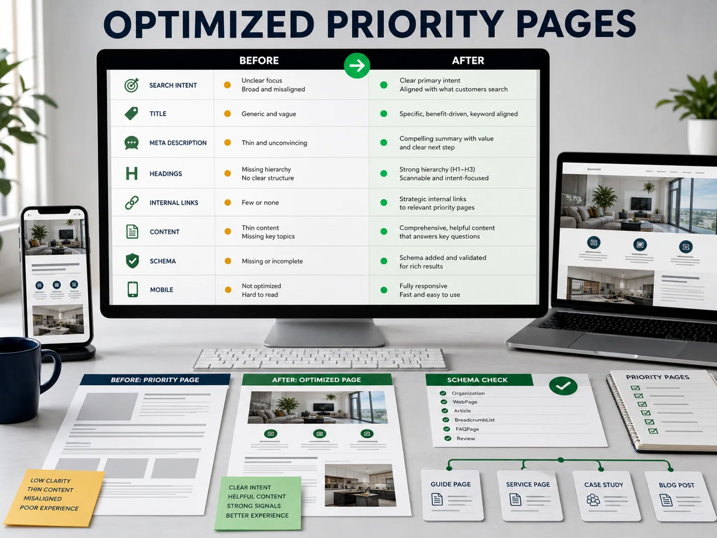 Optimized priority pages showing search intent, metadata, headings, internal links, content, schema, and mobile improvements