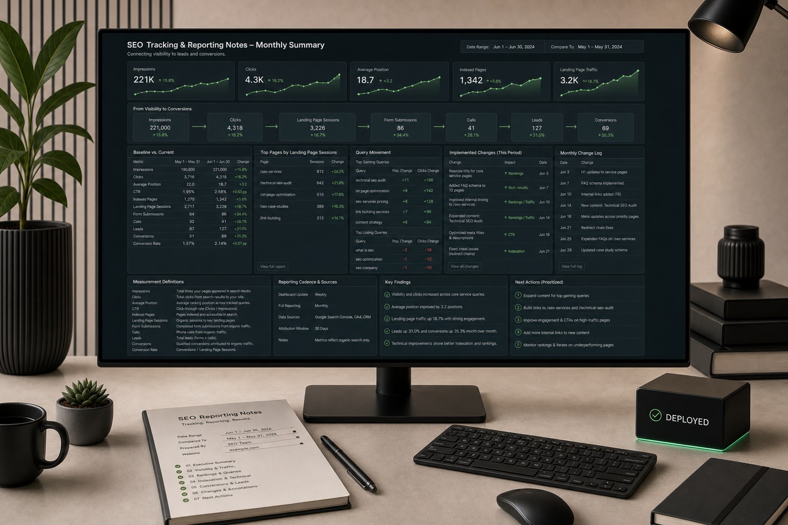 SEO reporting notes connecting impressions, clicks, rankings, indexed pages, and landing-page traffic to forms, calls, leads, conversions, implemented changes, and next actions