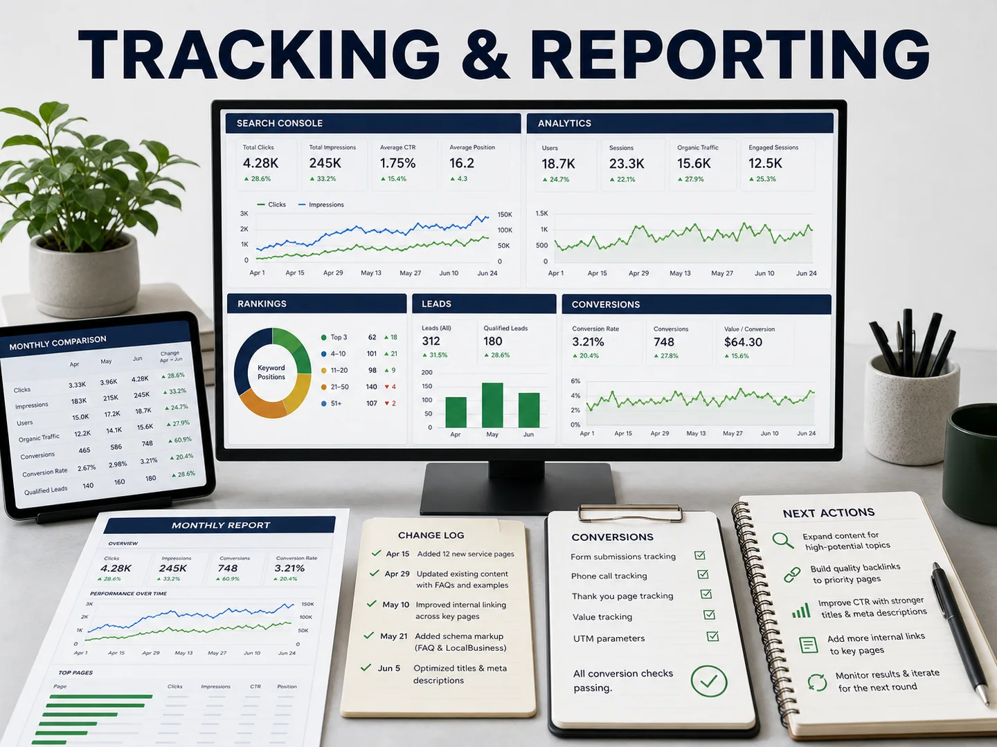 SEO tracking and reporting workspace showing Search Console, analytics, rankings, leads, conversions, change log, and next actions