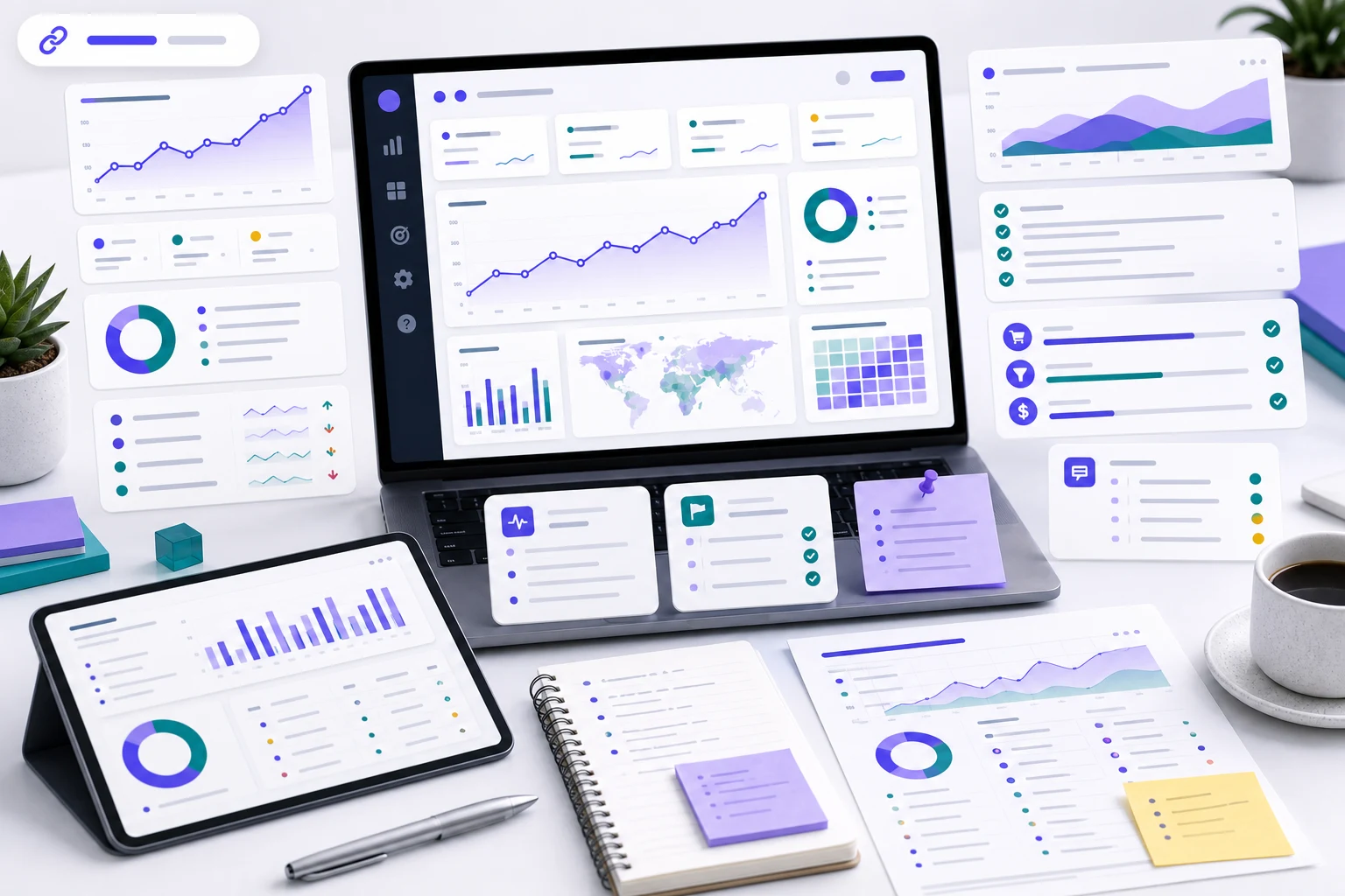 SEO reporting notes with trend line, page signals, and analytics checkpoints