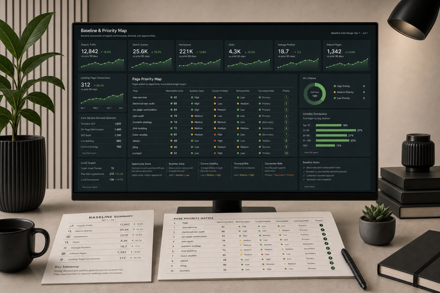 SEO baseline and priority map ranking pages by opportunity, business value, current visibility, technical risk, and conversion role