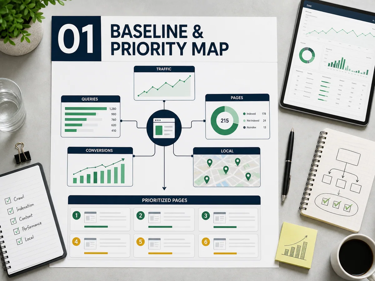 Baseline and priority map showing traffic, queries, indexed pages, conversions, local targets, and prioritized pages