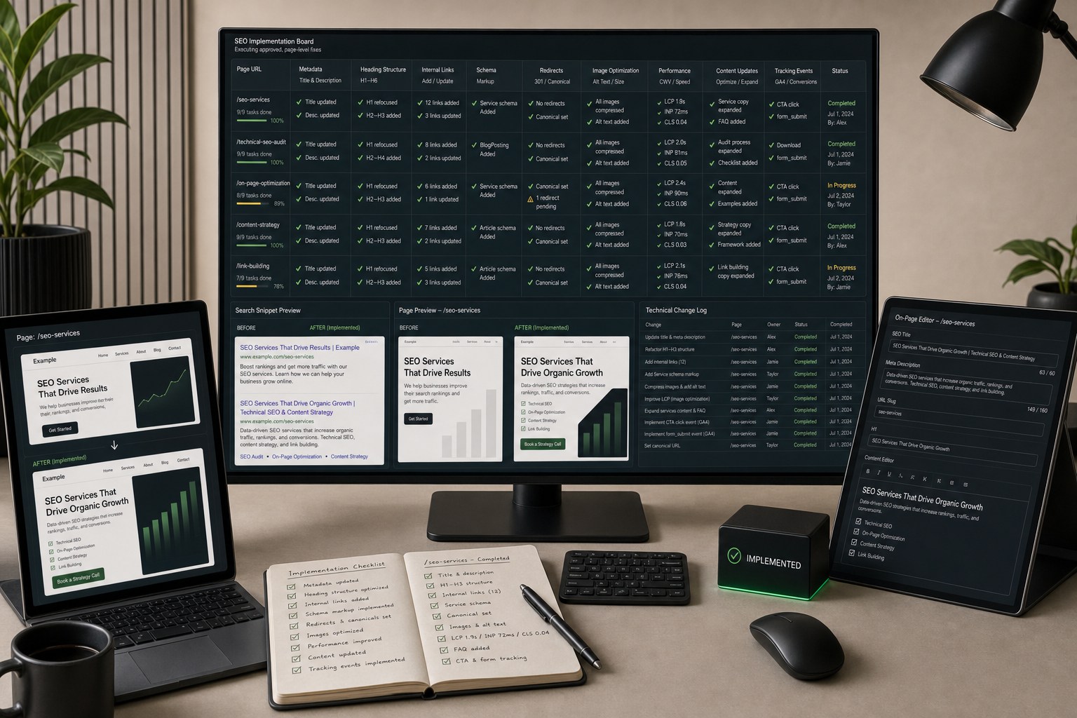 SEO implementation board organized by URL with metadata, headings, internal links, schema, redirects, images, performance, content, and tracking changes