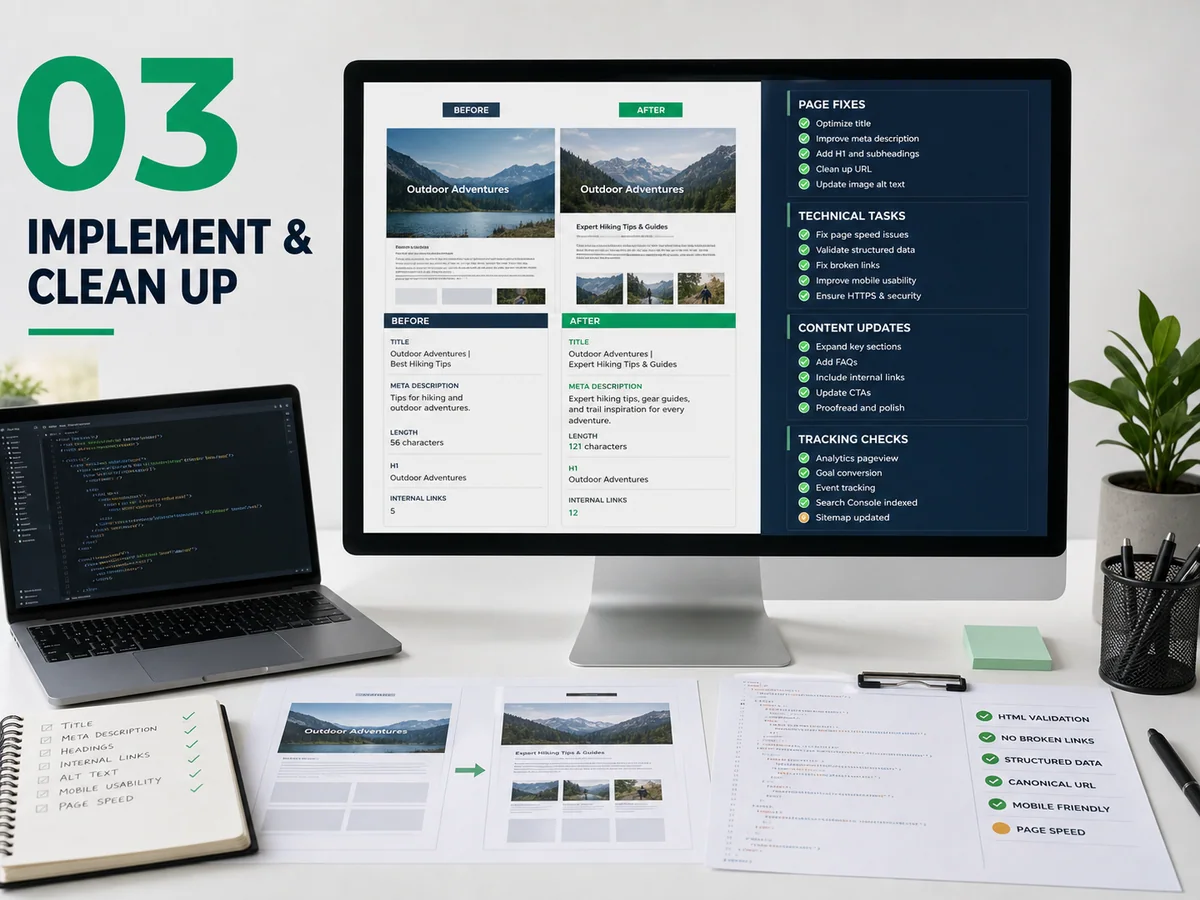 SEO implementation workspace showing page fixes, technical tasks, content updates, and tracking checks