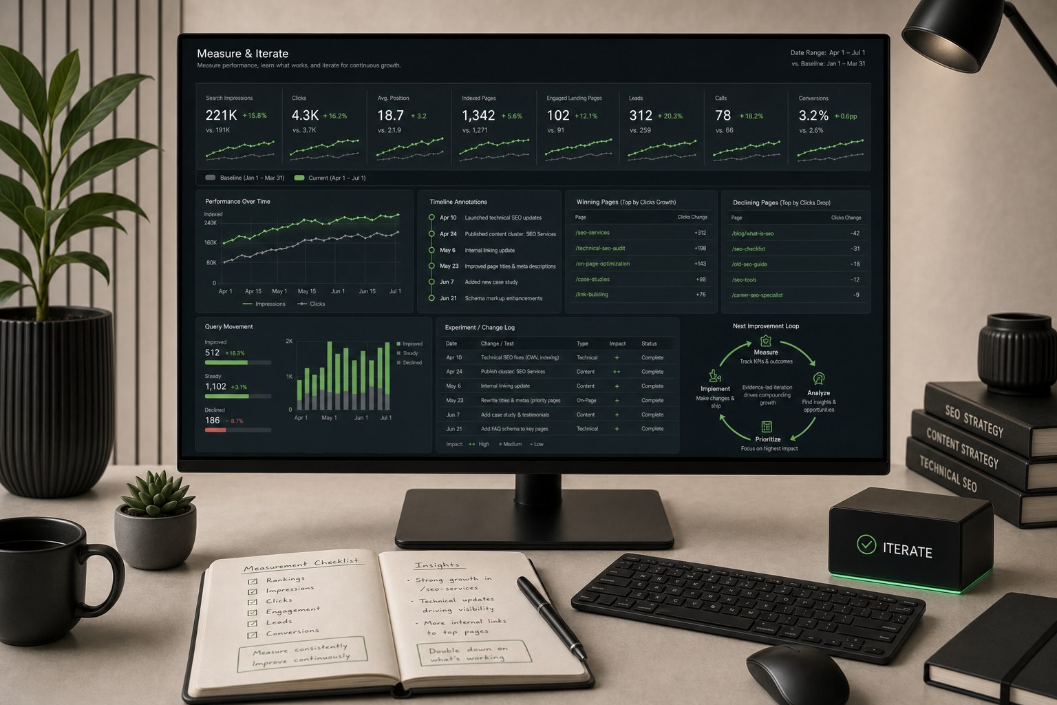SEO measurement dashboard comparing baseline and current visibility, rankings, indexed pages, landing-page engagement, leads, conversions, change annotations, and next iteration