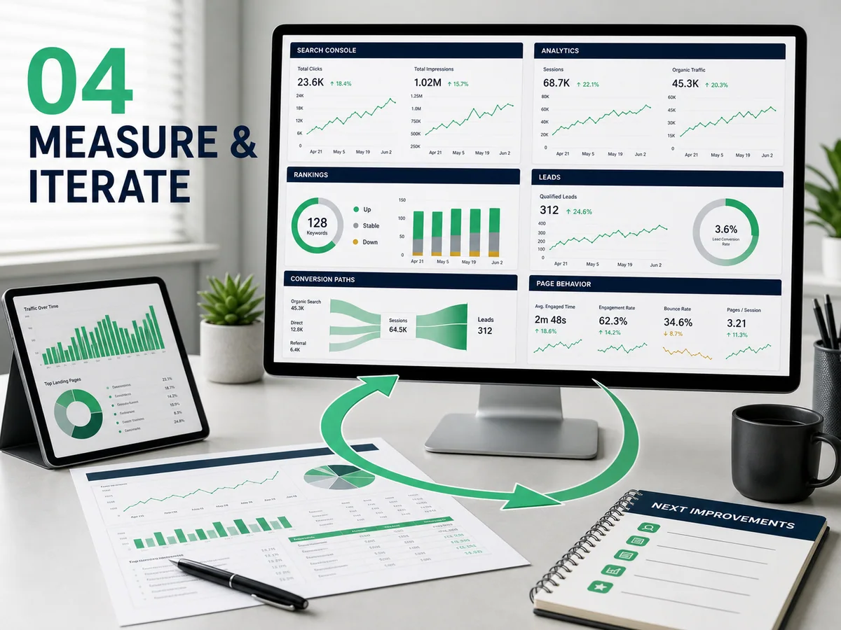 SEO measurement dashboard showing Search Console, analytics, rankings, leads, page behavior, and an iteration loop