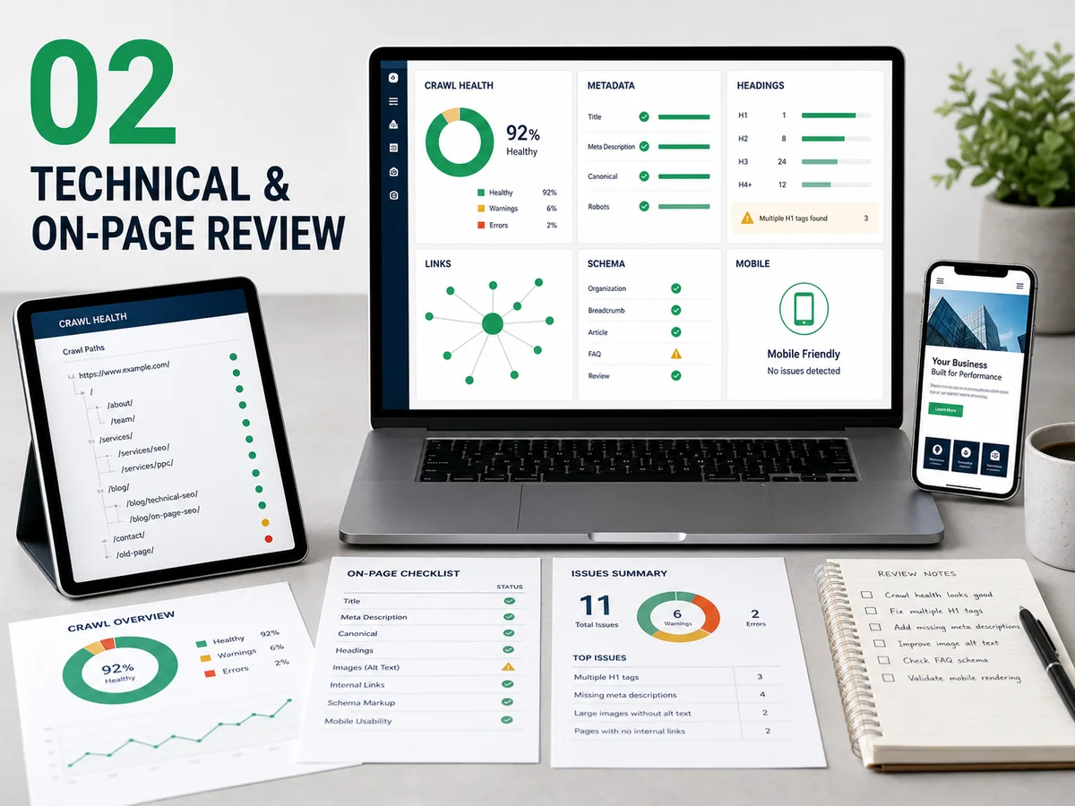 Technical and on-page review workspace showing crawl health, metadata, headings, links, schema, and mobile checks