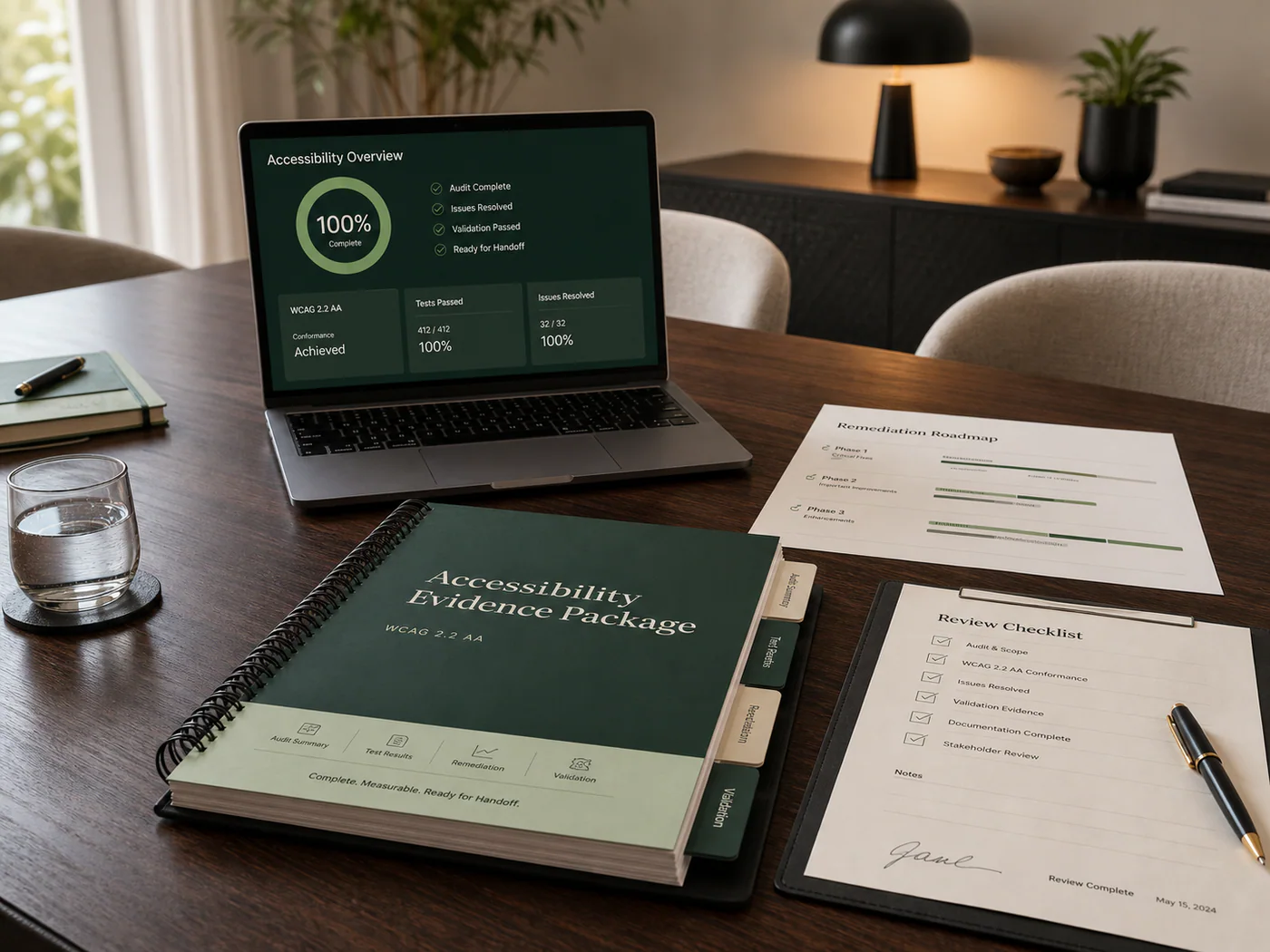 Stakeholder-ready accessibility evidence package with completion dashboard, remediation roadmap, and review checklist