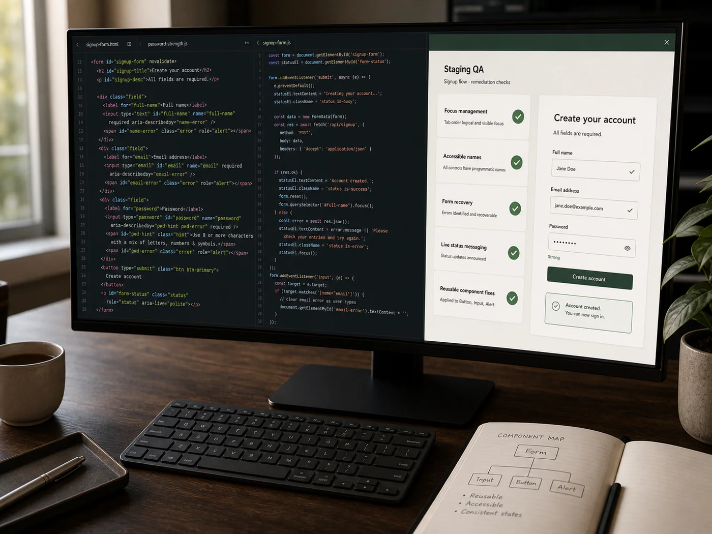 Code-level accessibility remediation workspace with semantic form code, focus management, form recovery, and staging QA