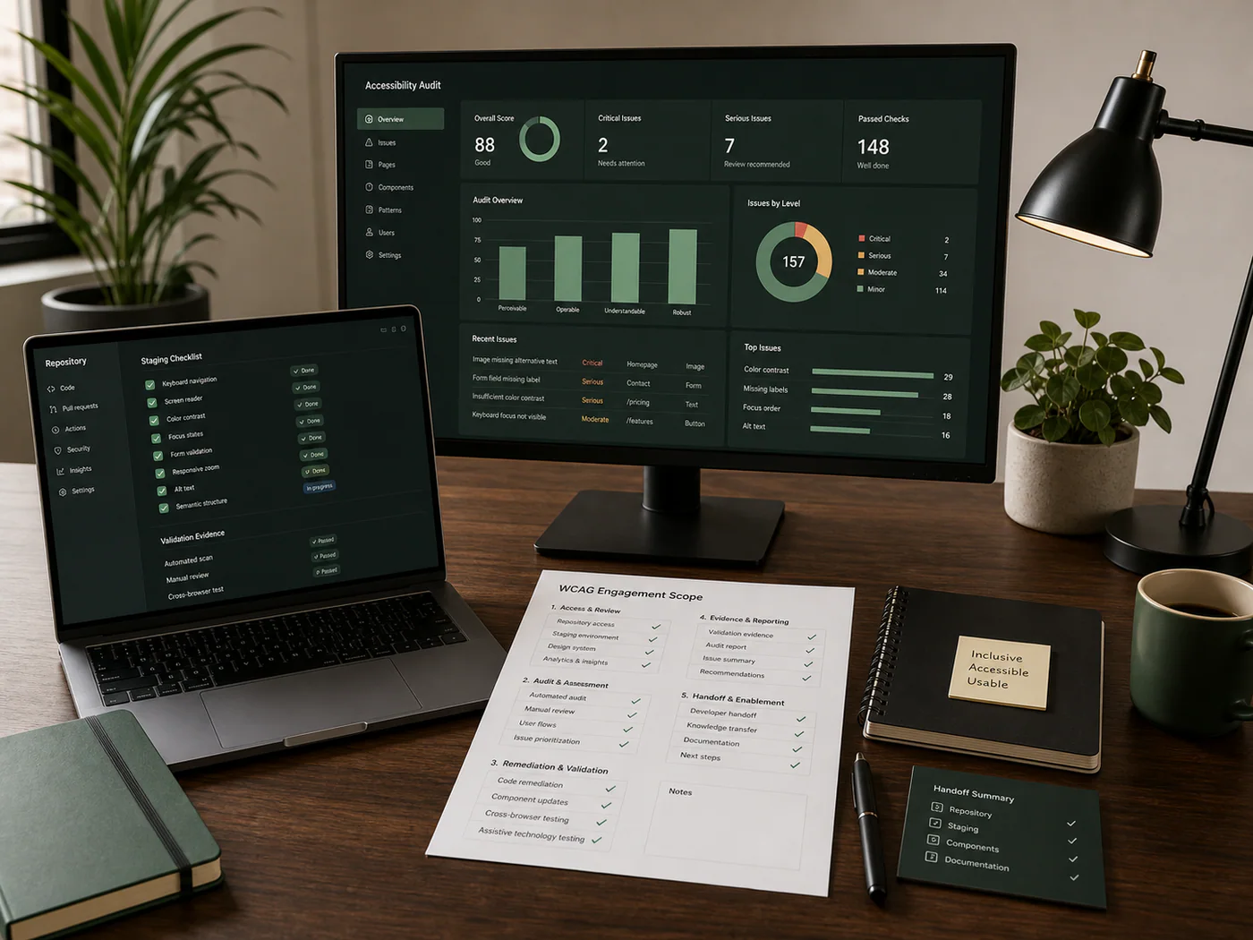 Accessibility engagement workspace with audit dashboard, repository checklist, and printed WCAG scope plan