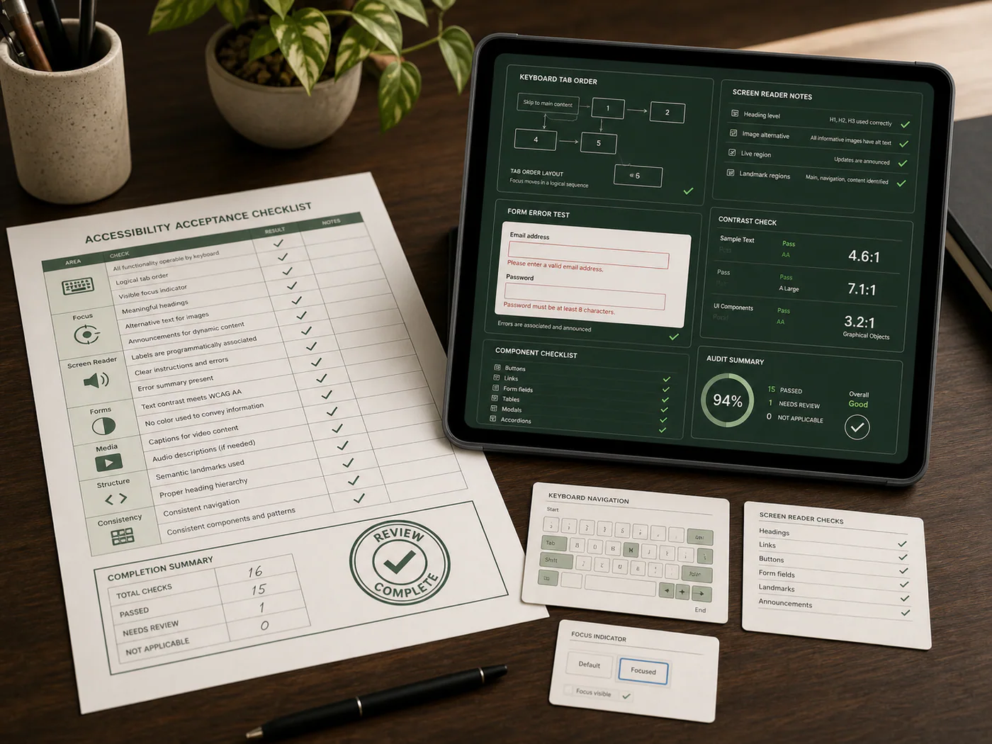 Manual accessibility testing workspace with acceptance checklist, tab order diagram, screen reader notes, and form error checks