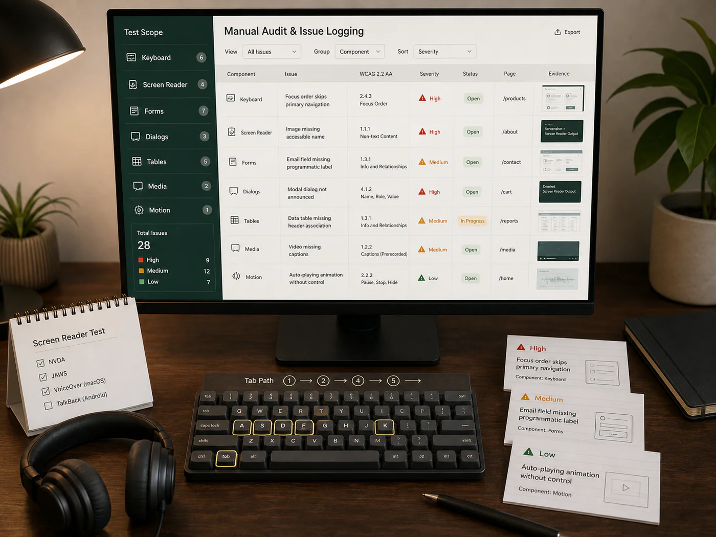 Manual accessibility audit issue log with keyboard path, screen reader testing, severity ranking, and evidence cards