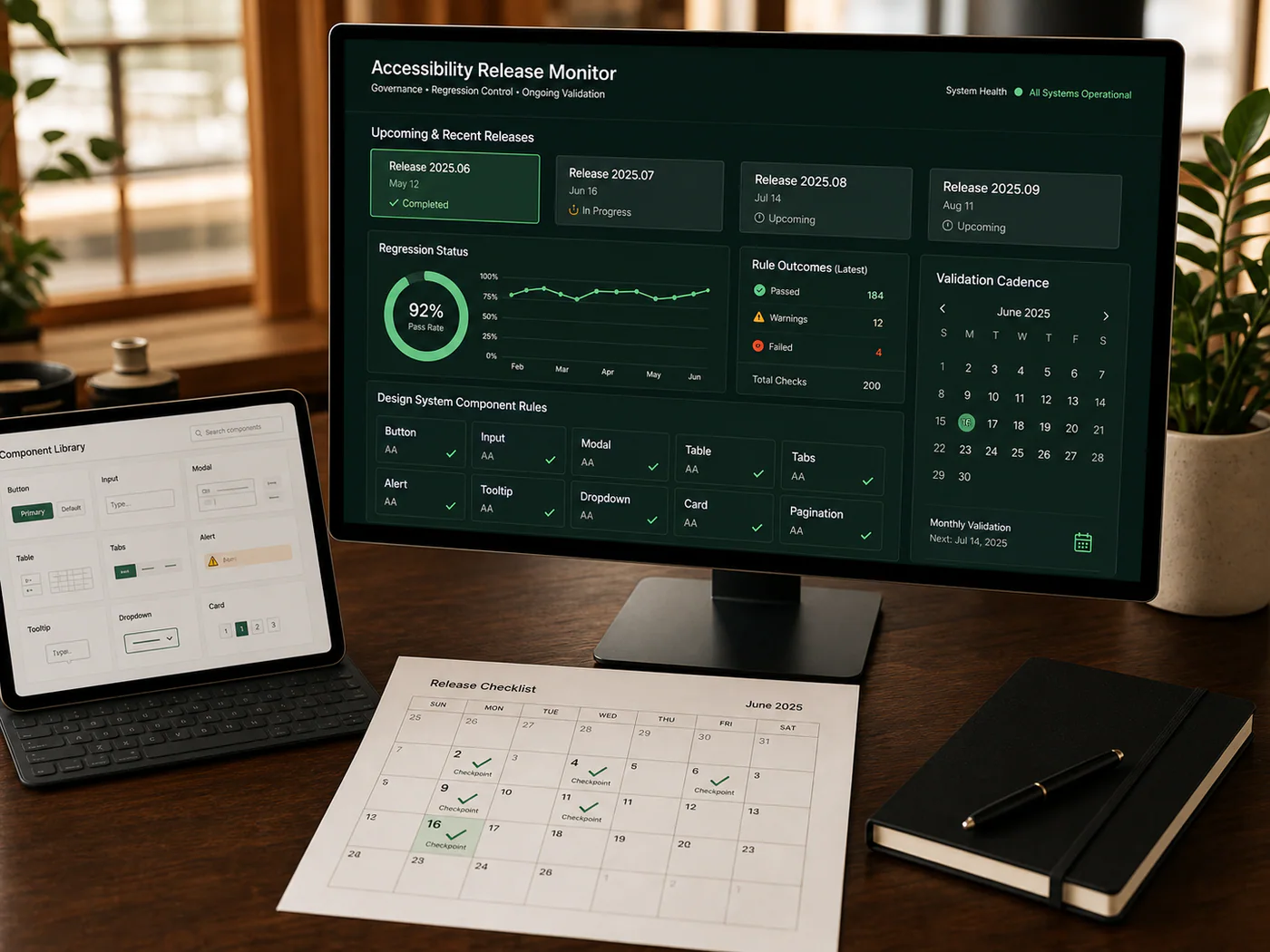 Ongoing accessibility compliance workspace with release checkpoints, regression trends, design system rules, and validation calendar