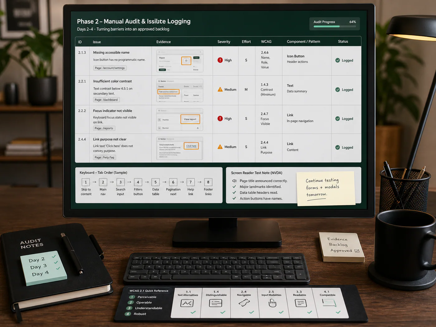 Manual audit workstation with annotated issue evidence, severity ranking, keyboard path, and screen reader notes