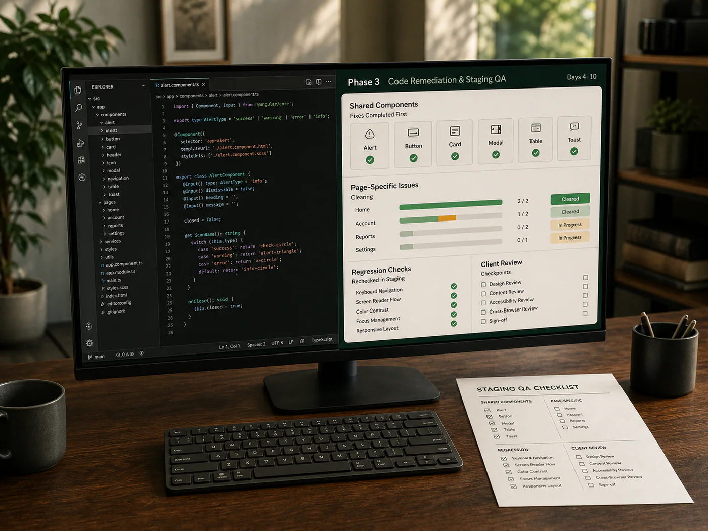 Code remediation and staging QA workspace with shared component fixes, page progress, and regression checks