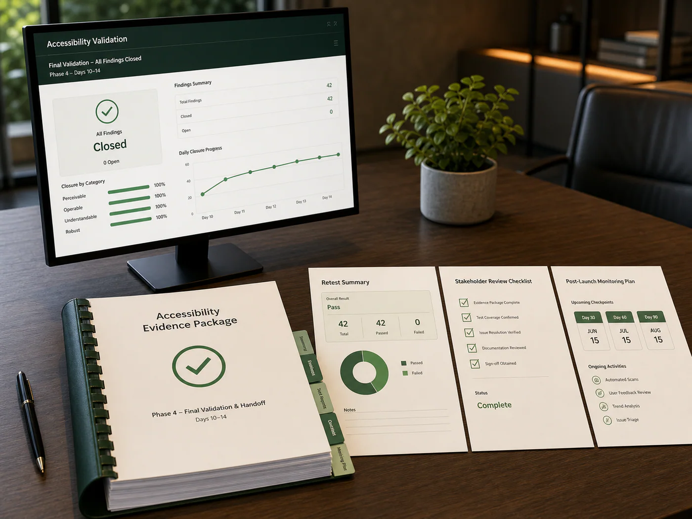 Final accessibility validation workspace with closed findings, evidence package, stakeholder checklist, and monitoring plan