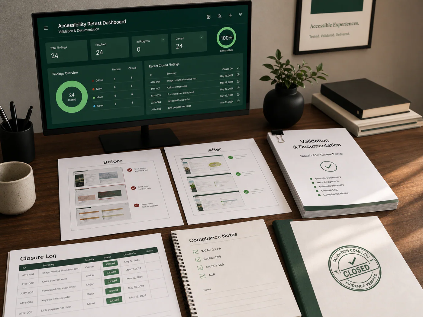 Accessibility validation package with closed findings, before-and-after evidence, compliance notes, and stakeholder documentation