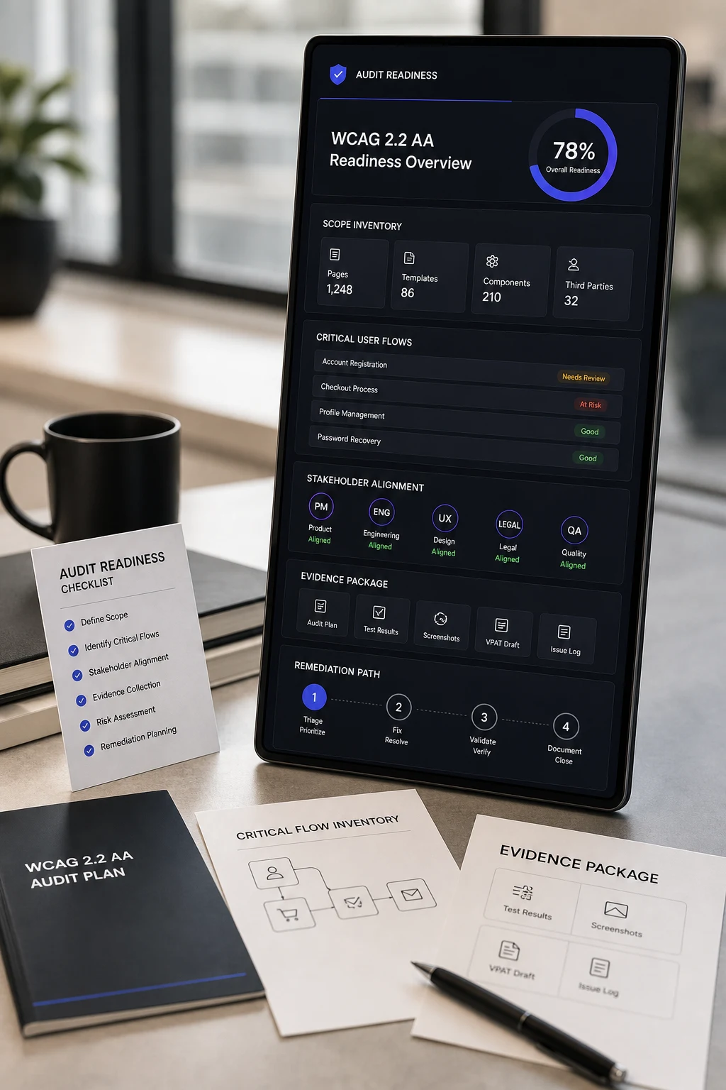 Portrait enterprise accessibility audit readiness dashboard showing WCAG readiness, scope inventory, critical user flows, stakeholder alignment, evidence package, and remediation path