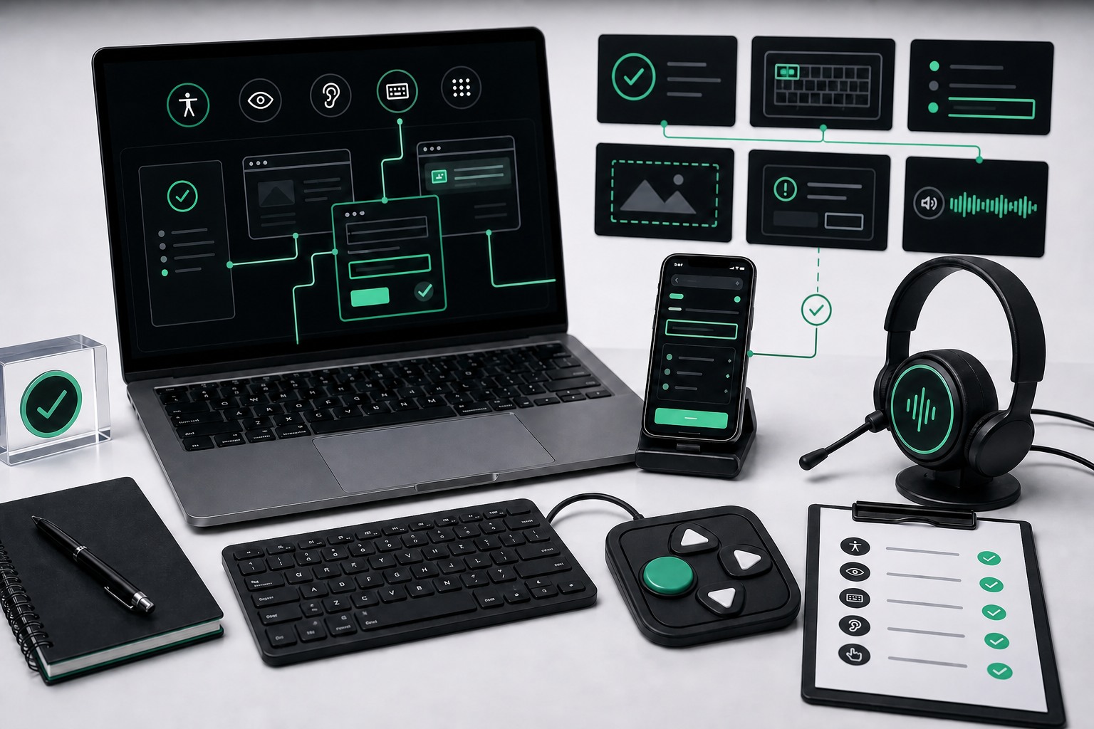 Manual accessibility testing workspace with keyboard and device checks