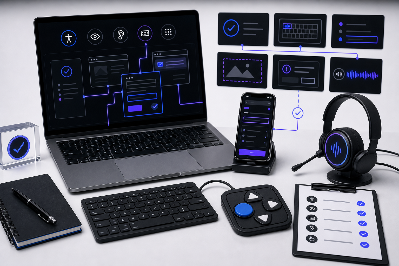 Manual accessibility testing workspace with keyboard and device checks