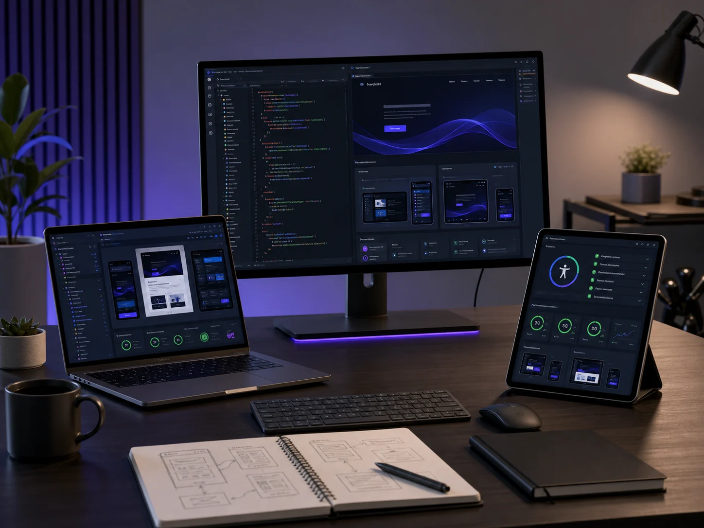 Professional web development workspace with responsive interface previews, code, and accessibility QA indicators