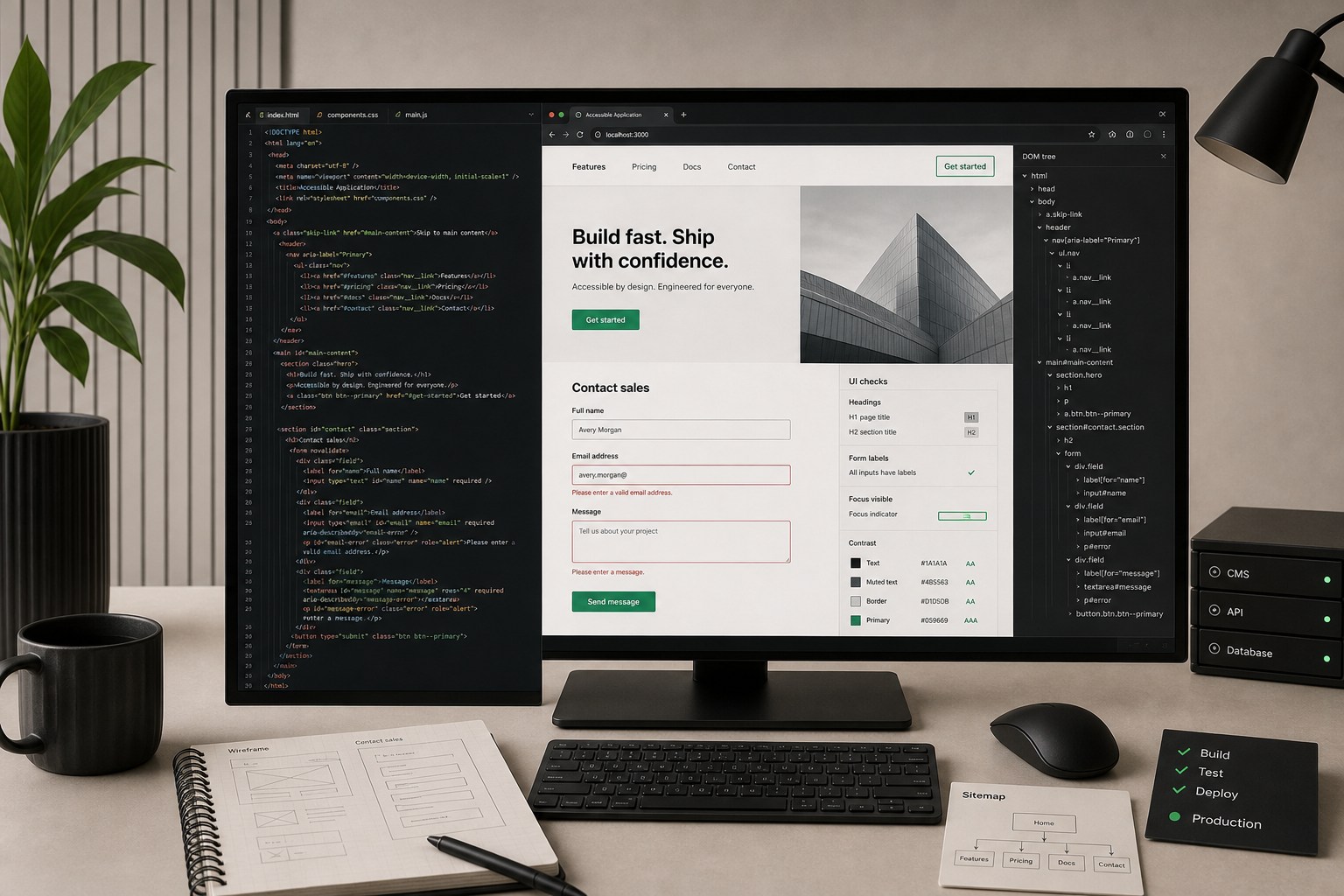 Web engineering workspace with semantic HTML, DOM structure, focus states, form labels, and responsive browser checks
