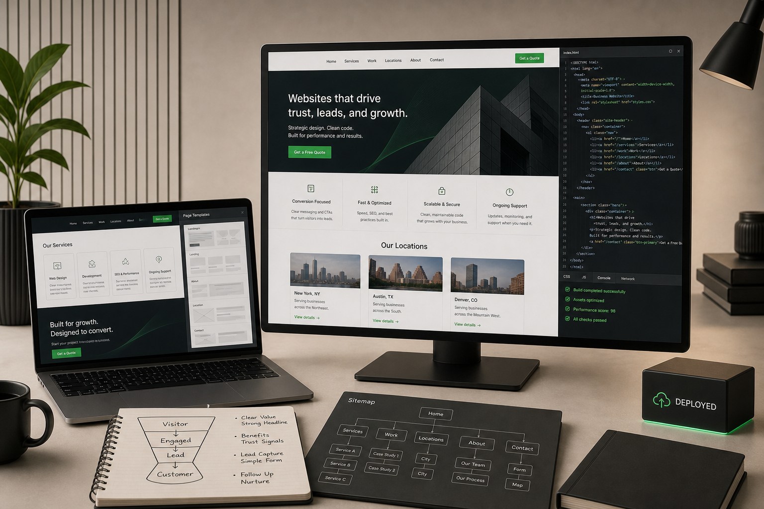 Business website workspace with service pages, location pages, conversion paths, sitemap, and deployment checks