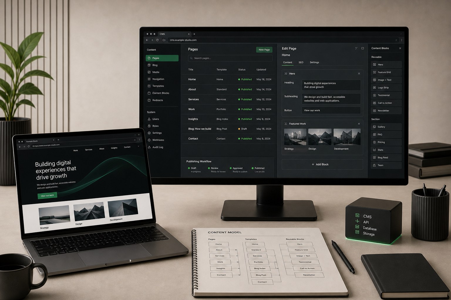 Website CMS with page editor, reusable blocks, templates, media, and publishing workflow