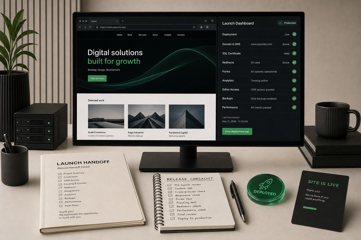 Website launch dashboard with deployment, DNS, SSL, redirects, forms, analytics, editor access, backups, and handoff notes