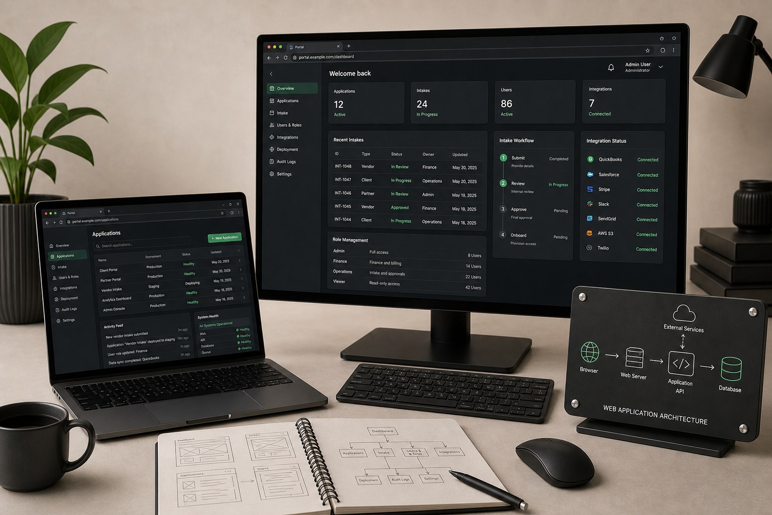 Authenticated web portal with intake workflow, account roles, dashboards, integrations, and architecture notes