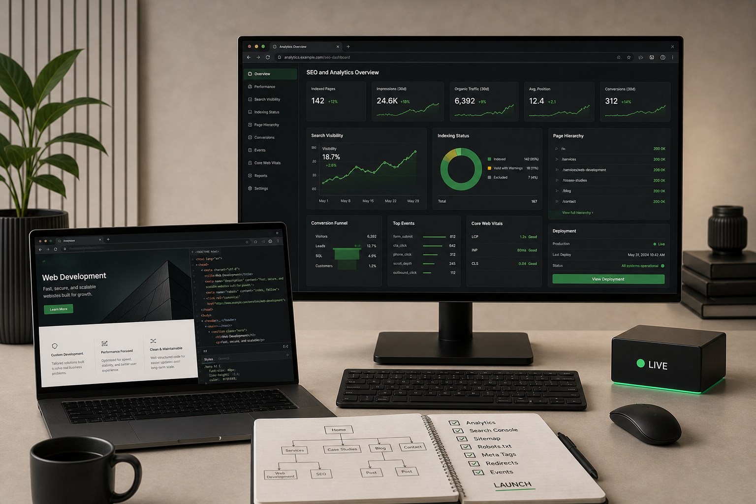 Website SEO and analytics dashboard with indexing, metadata, search visibility, events, conversions, and Core Web Vitals