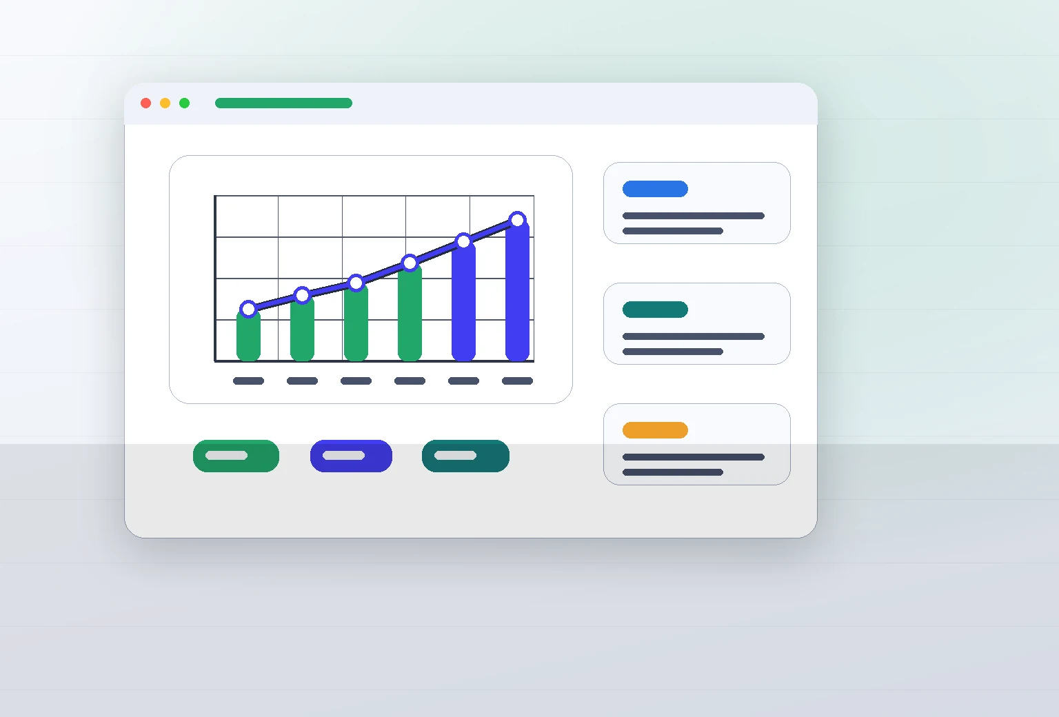 SEO analytics dashboard with charts, metadata cards, and conversion path markers