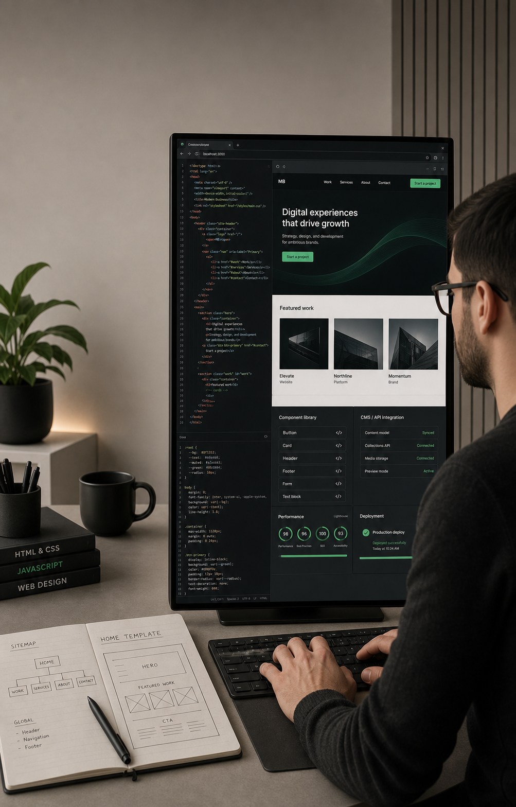 Web developer building a custom website with HTML, CSS, JavaScript, components, CMS integrations, performance checks, and deployment
