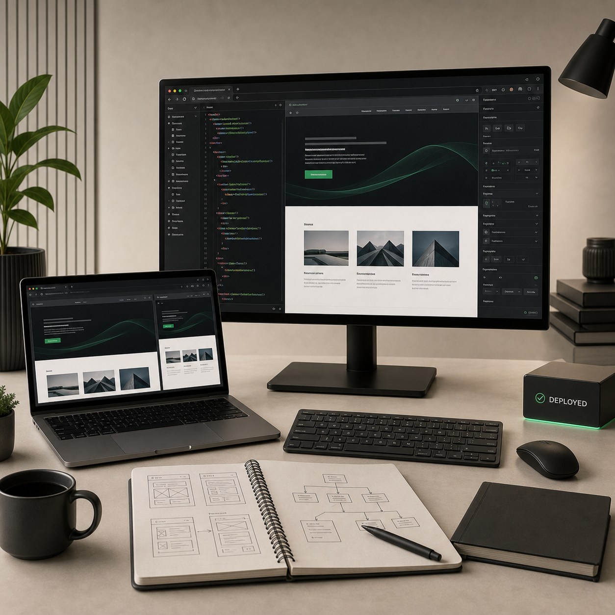 Custom web development workspace with a desktop website, source code, component inspector, sitemap, and deployment tools