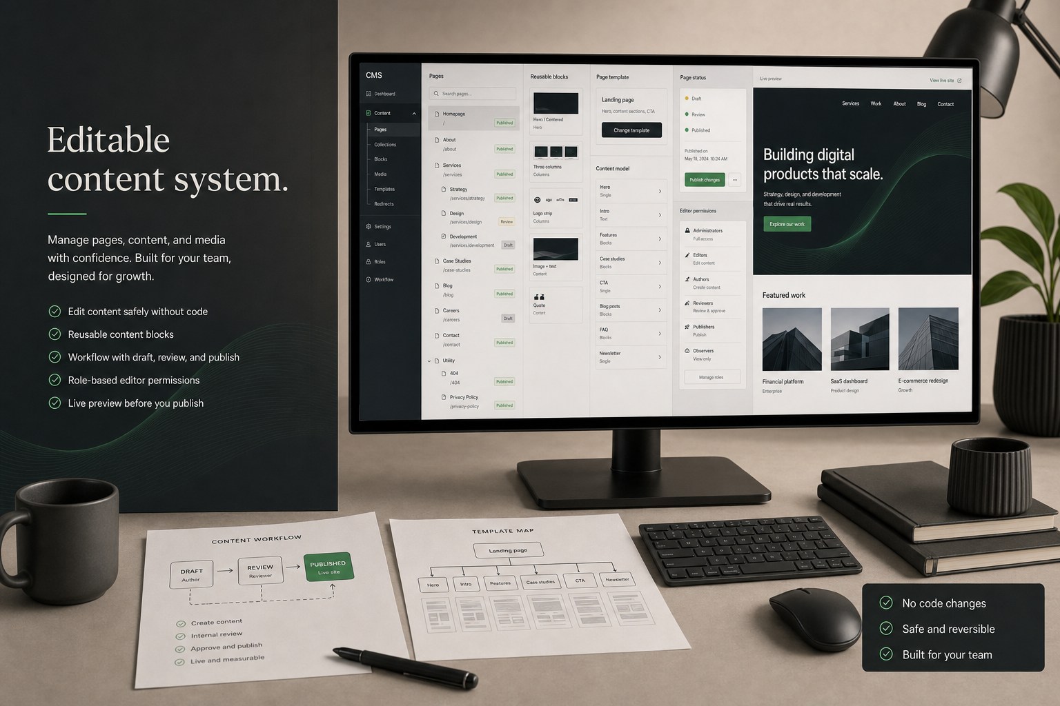Editable website CMS with page tree, reusable blocks, templates, publishing states, permissions, and live preview