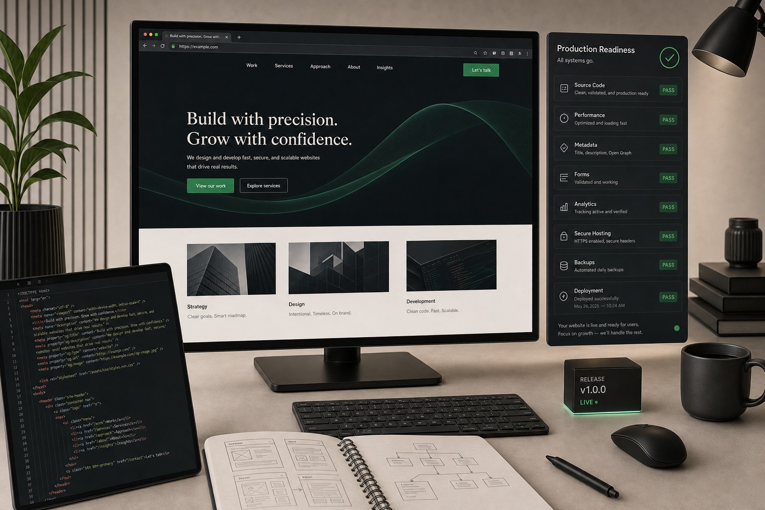 Finished production website with source code, performance, metadata, forms, analytics, hosting, backups, and deployment checks