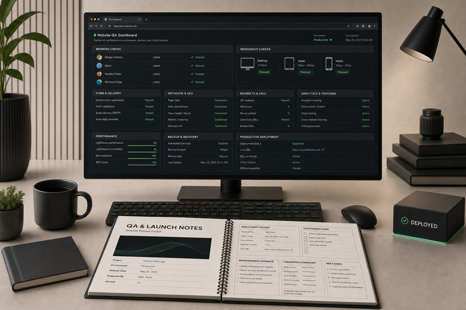 Website QA dashboard and launch-notes packet with browser checks, forms, metadata, redirects, analytics, backups, and deployment