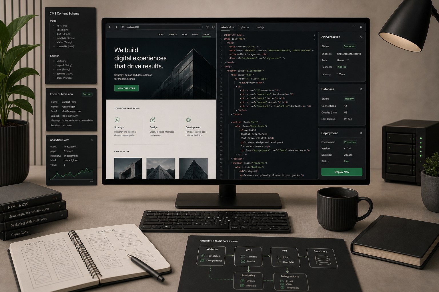 Website build workspace with HTML, CSS, JavaScript, CMS, forms, analytics, API, database, and deployment