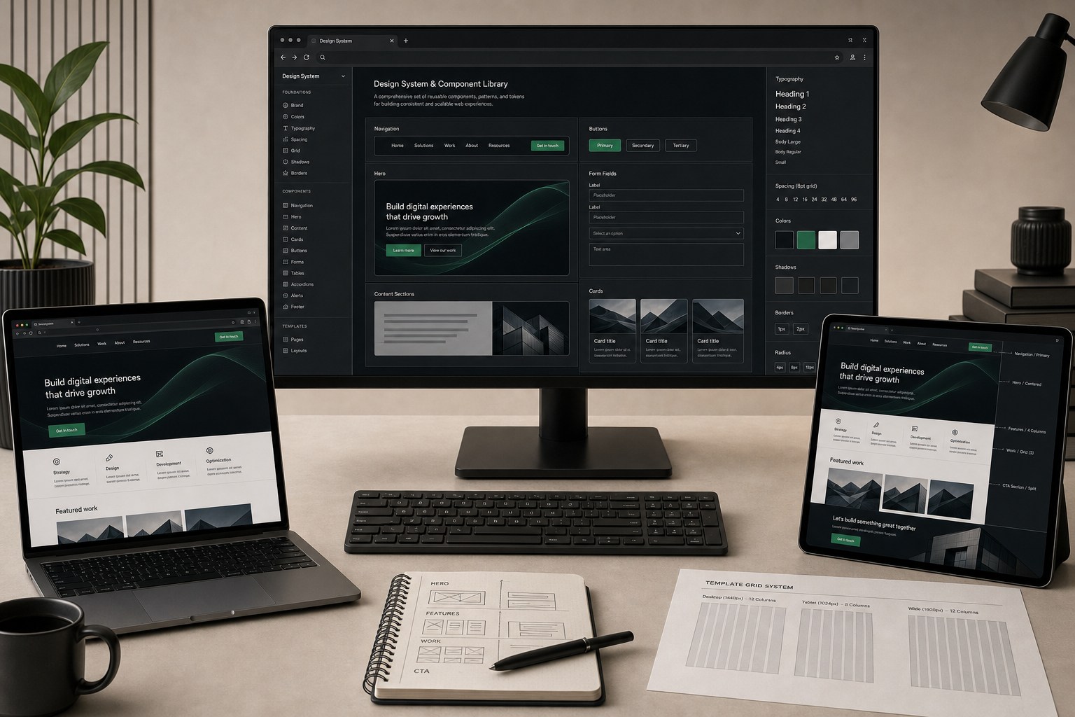 Website design system with reusable components, templates, responsive browser previews, and grid specifications