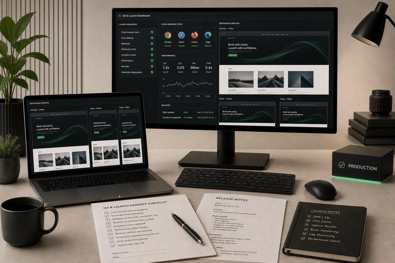 Cross-browser website QA, responsive previews, performance checks, production deployment, and launch handoff notes