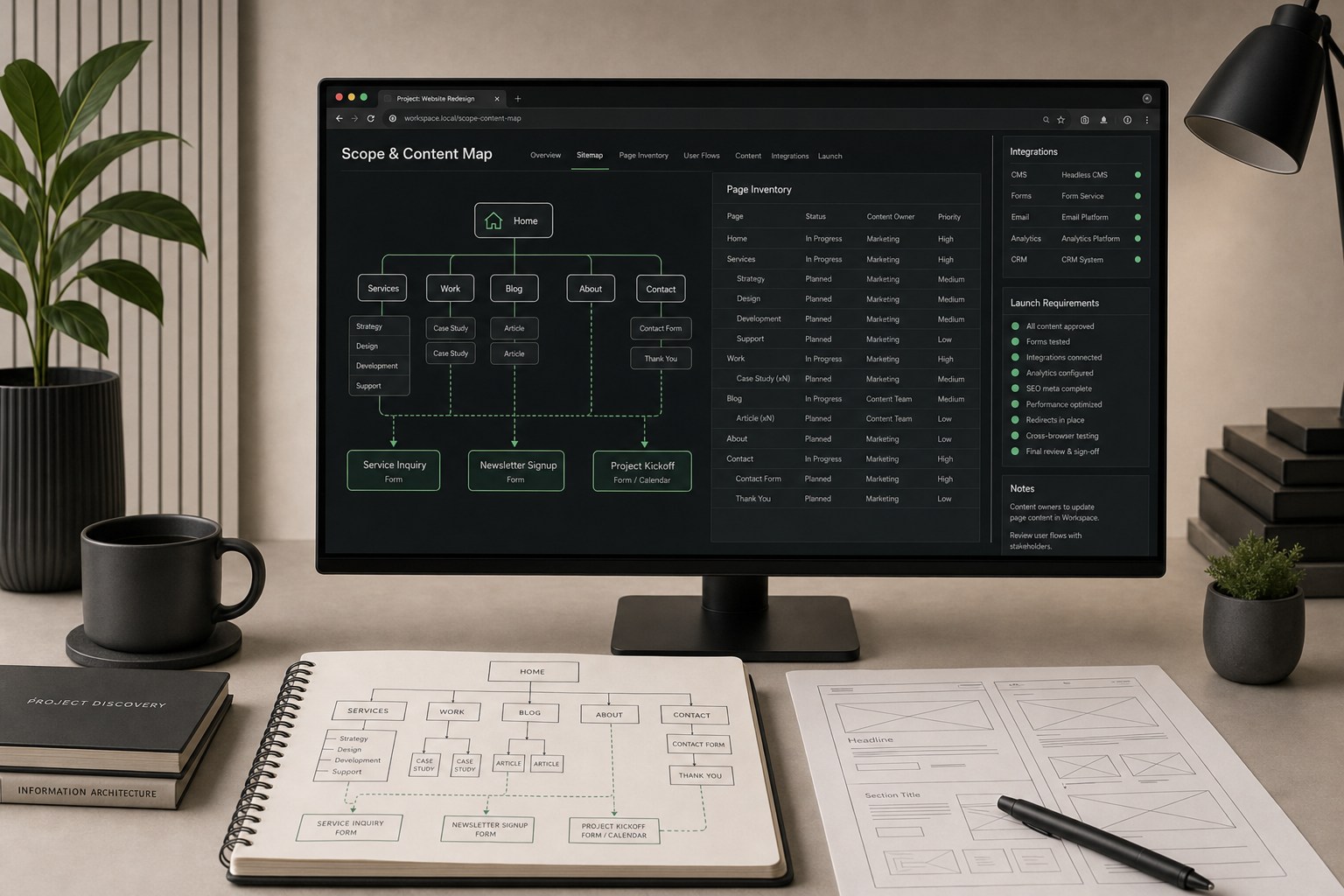 Website sitemap, page inventory, user flows, content ownership, integrations, and launch requirements